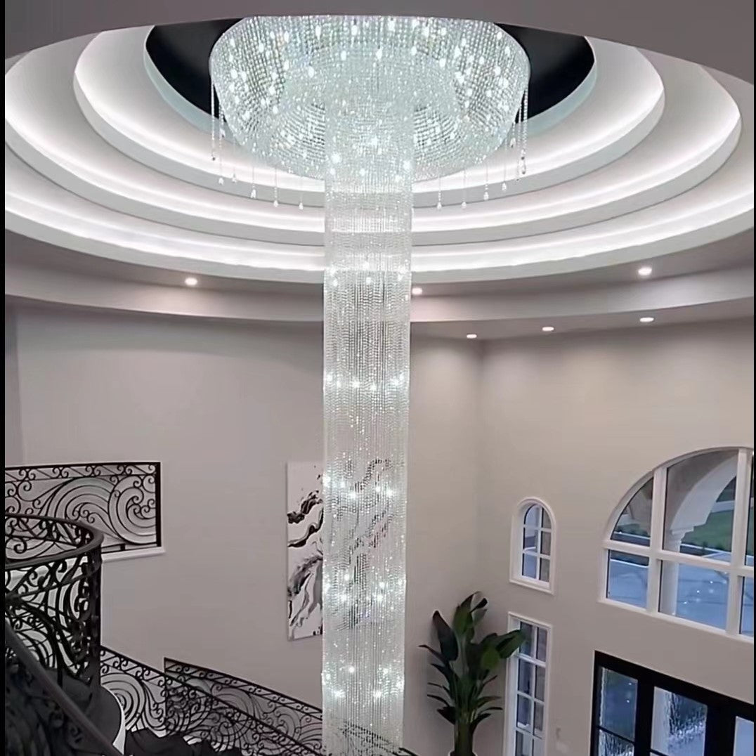 Extra Large Flush Mount Silver Waterfall Luxury Ceiling Crystal Chandelier for High - ceiling Living Room/Duplex Hall - briglamps