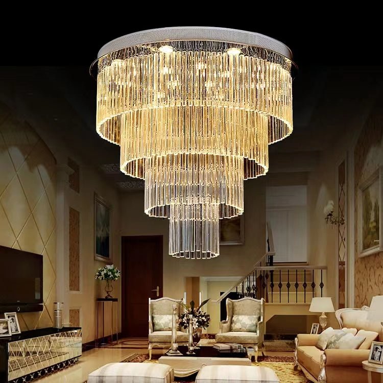 Extra Large Multi - tier Round Flush Mount Light Crystal Rod Chandelier for Living Room/Foyer - briglamps