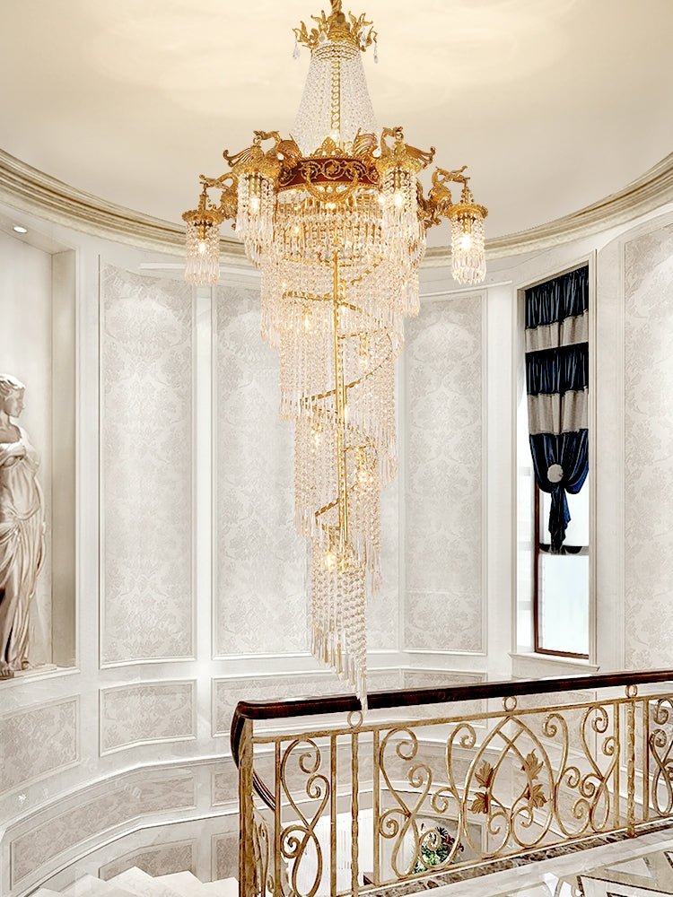Extra Large Retro Luxury Full Copper Crystal Chandelier for Staircase/ Duplexes/ Villas - briglamps
