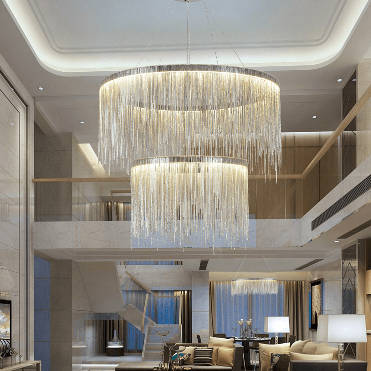 Extra Large Round Aluminum Tassel Chain Chandelier for Living/Dining Room/Villa/Duplex Hall - briglamps