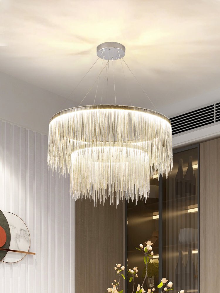 Extra Large Round Aluminum Tassel Chain Chandelier for Living/Dining Room/Villa/Duplex Hall - briglamps