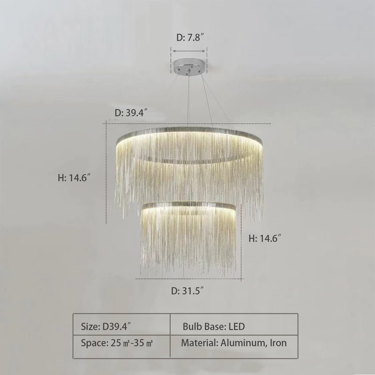 Extra Large Round Aluminum Tassel Chain Chandelier for Living/Dining Room/Villa/Duplex Hall - briglamps