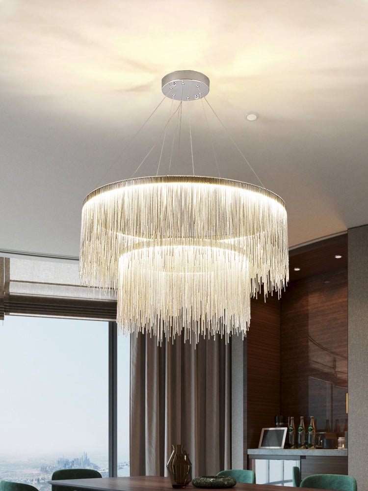 Extra Large Round Aluminum Tassel Chain Chandelier for Living/Dining Room/Villa/Duplex Hall - briglamps
