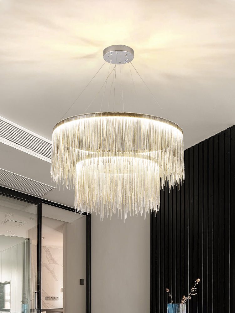 Extra Large Round Aluminum Tassel Chain Chandelier for Living/Dining Room/Villa/Duplex Hall - briglamps