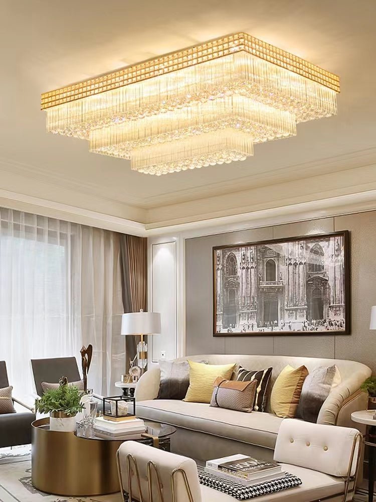 Extra Large Three Layers Rectangular Luxury Flush Mounted Crystal Chandelier for Living Room - briglamps