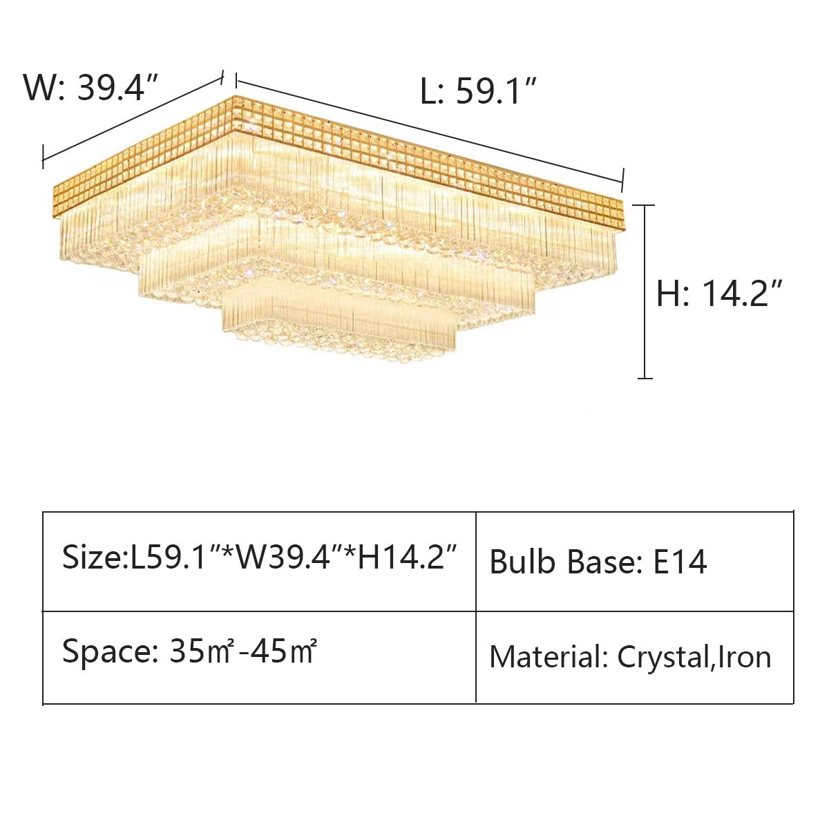 Extra Large Three Layers Rectangular Luxury Flush Mounted Crystal Chandelier for Living Room - briglamps