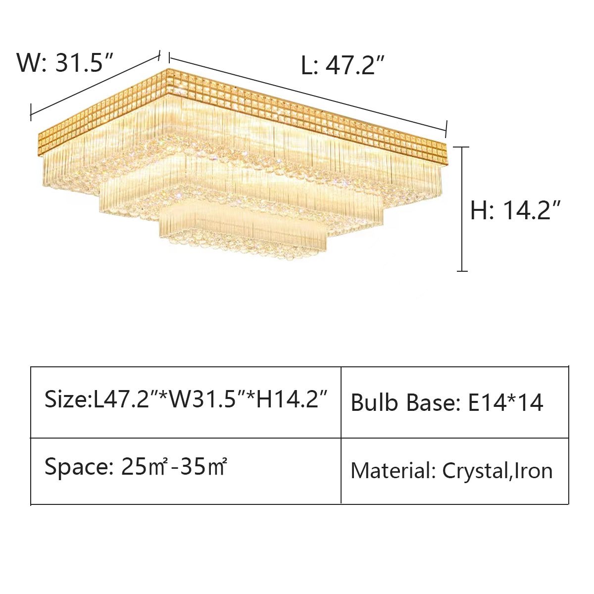 Extra Large Three Layers Rectangular Luxury Flush Mounted Crystal Chandelier for Living Room - briglamps