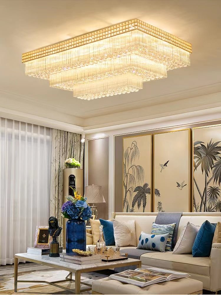 Extra Large Three Layers Rectangular Luxury Flush Mounted Crystal Chandelier for Living Room - briglamps