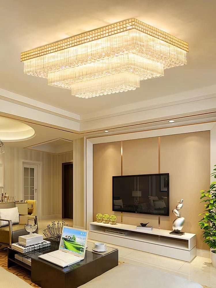 Extra Large Three Layers Rectangular Luxury Flush Mounted Crystal Chandelier for Living Room - briglamps
