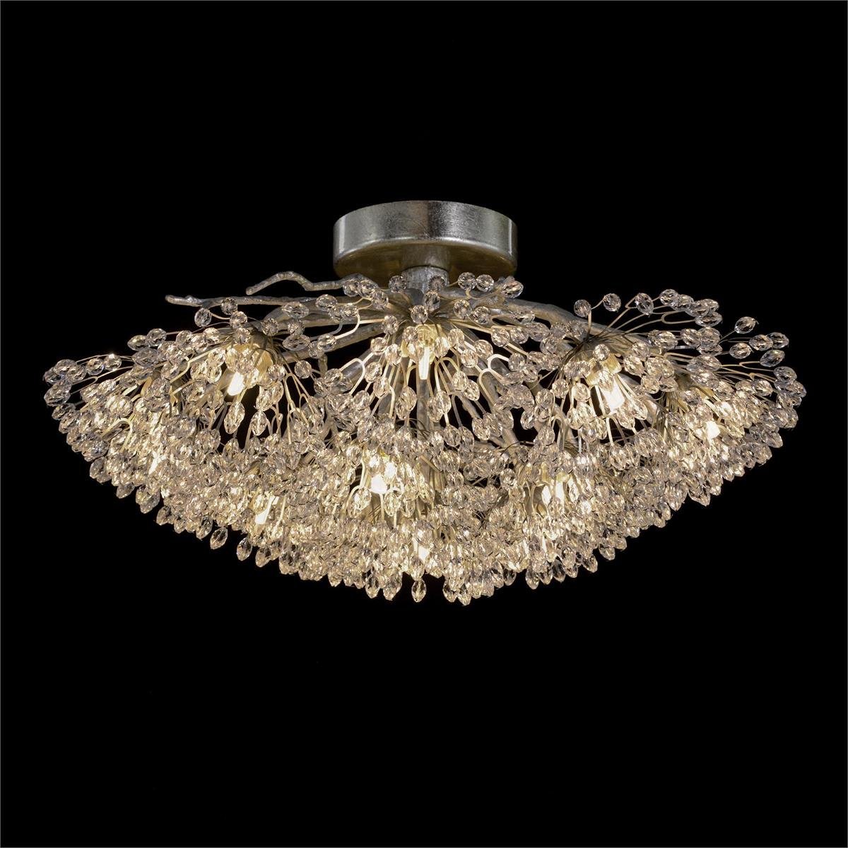 Hanasaku Flower Sixteen-Light Flush Mount in Antique Silver Leaf with Hand-Cut Crystal Accents - Brig Lighting