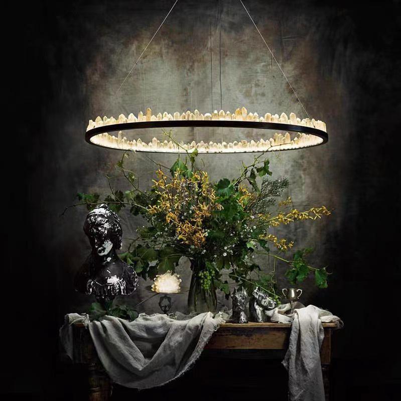 Modern Style Rings Brass & Natural Quartz Crystal Chandelier in Brass/Black Finish - 1 Tier / D23.6" * H4"BrassWarm Lightbriglamps