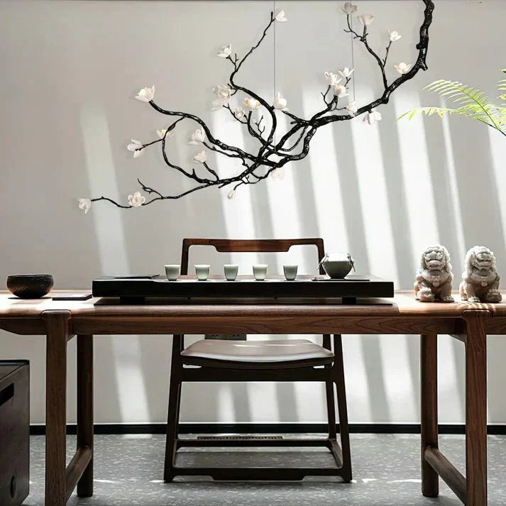 Noir Magnolia Branch & Porcelain Bloom Chandelier - Cyran Lamps
