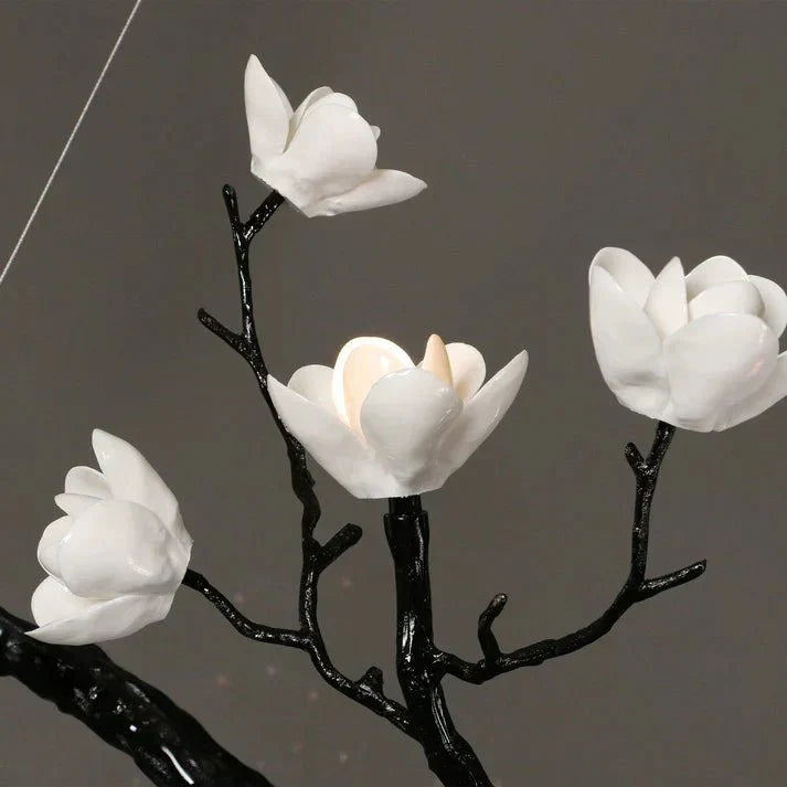 Noir Magnolia Branch & Porcelain Bloom Chandelier - Cyran Lamps