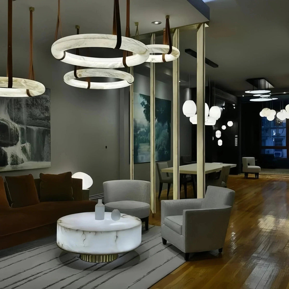 Oslo L1P Pendant Alabaster Chandelier, Halo Ring Chandelier With canopy Over Dining Table - Brig Lighting