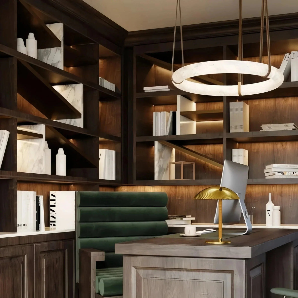 Oslo L1P Pendant Alabaster Chandelier, Halo Ring Chandelier With canopy Over Dining Table - Brig Lighting