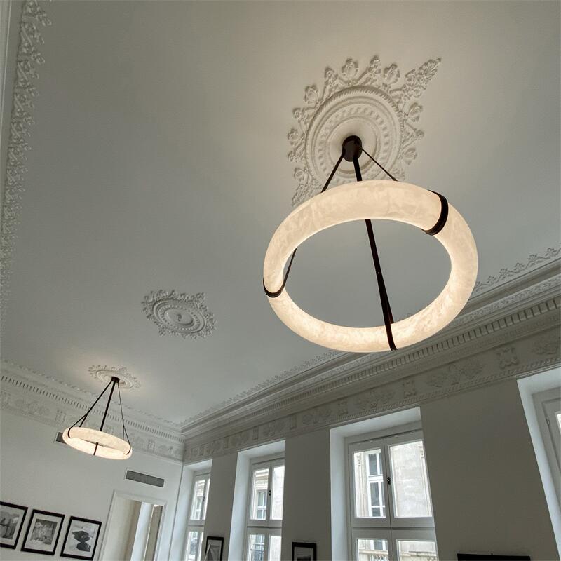 Oslo L1P Pendant Alabaster Chandelier, Halo Ring Chandelier With canopy Over Dining Table - Brig Lighting