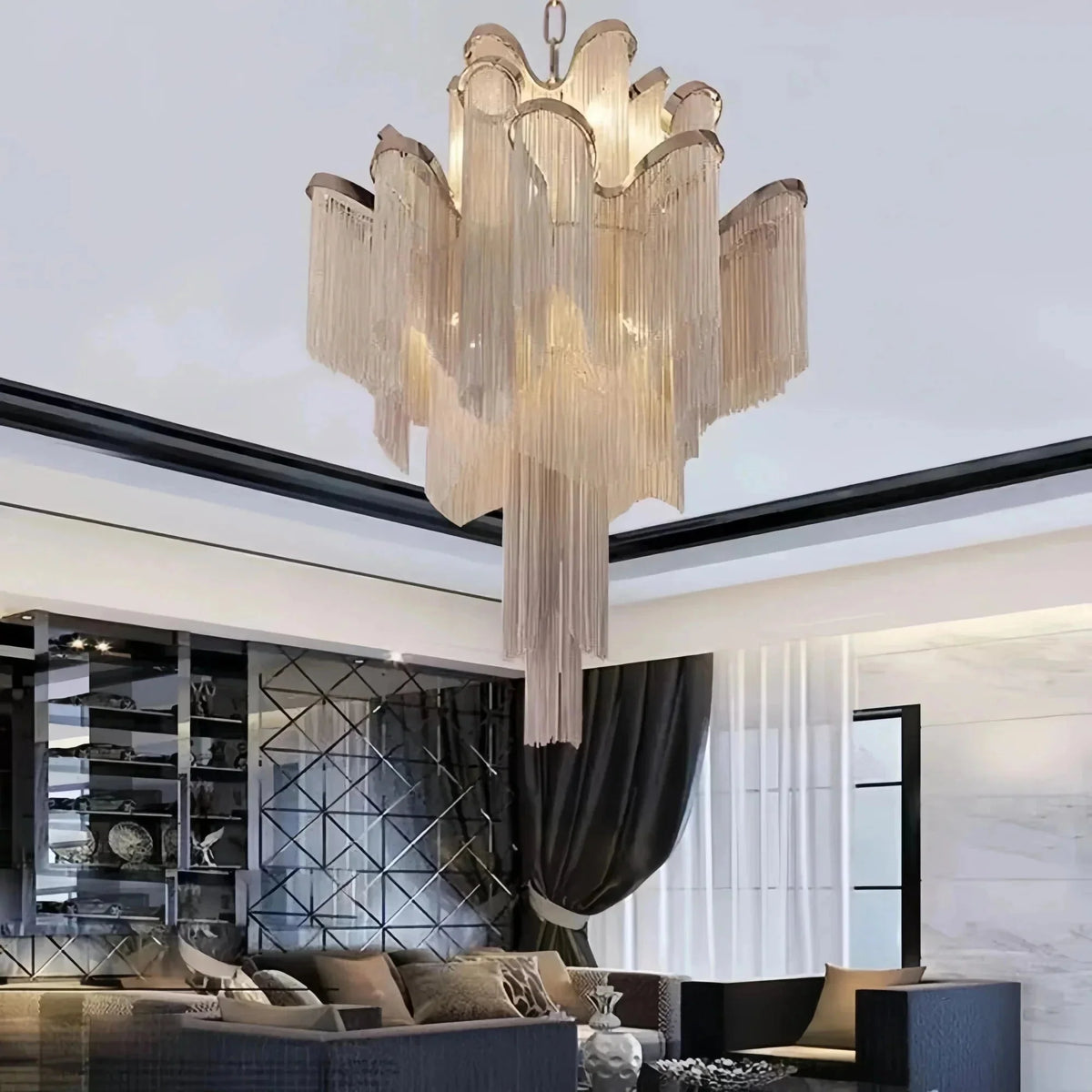 Post-Modern Extra Large Stainless Steel Long Tassel Chandelier - Brig Lighting