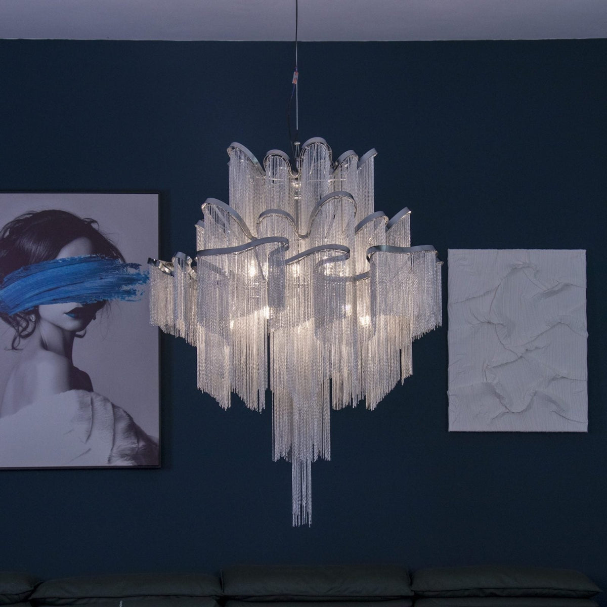 Post-Modern Extra Large Stainless Steel Long Tassel Chandelier - Brig Lighting