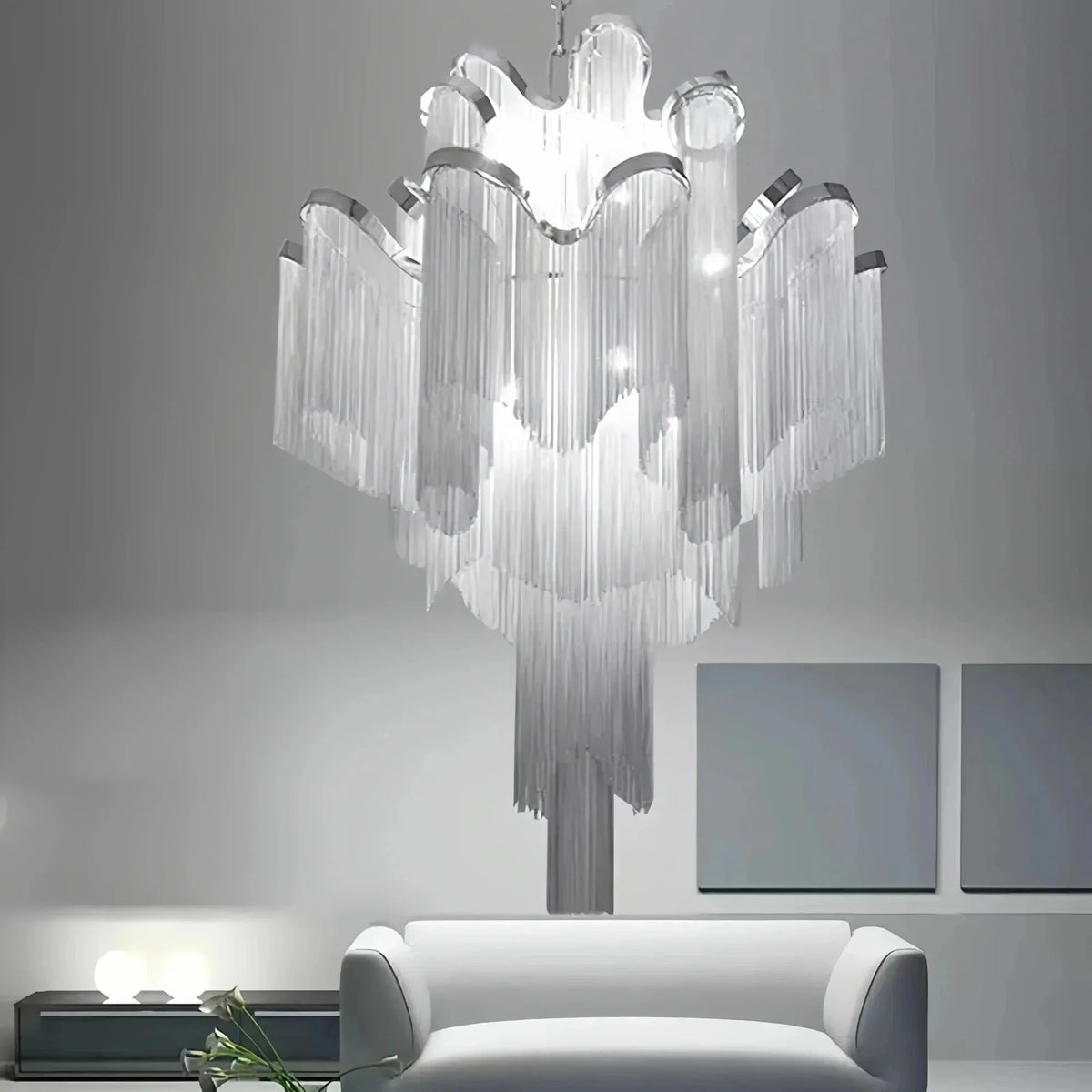 Post-Modern Extra Large Stainless Steel Long Tassel Chandelier - Brig Lighting