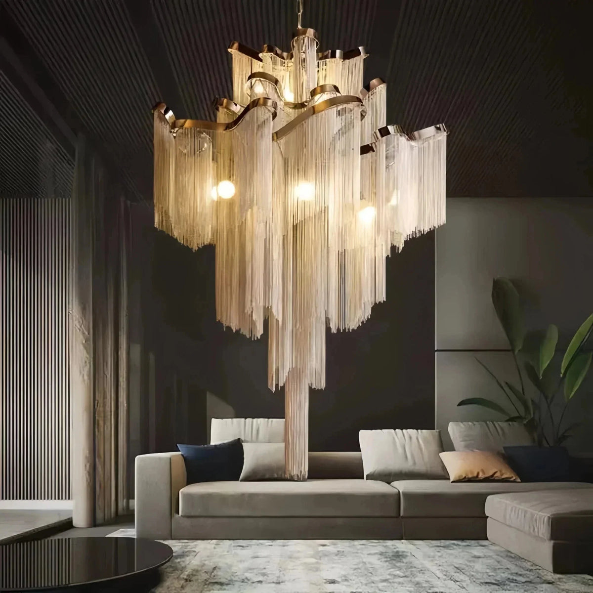 Post-Modern Extra Large Stainless Steel Long Tassel Chandelier - Brig Lighting
