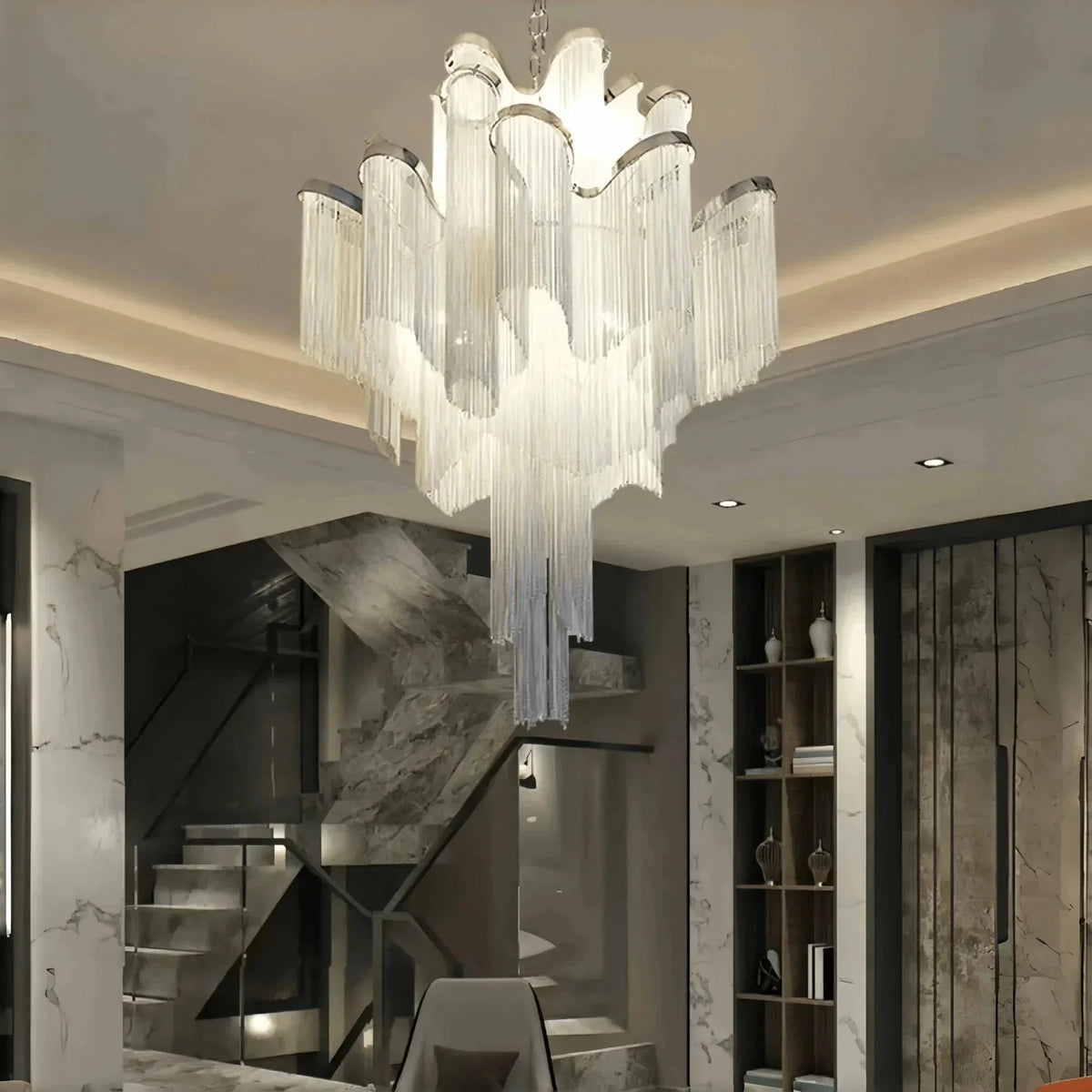 Post-Modern Extra Large Stainless Steel Long Tassel Chandelier - Brig Lighting