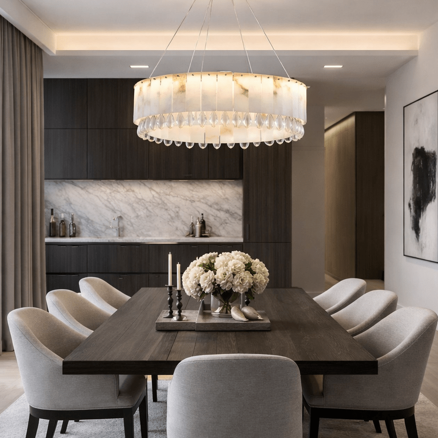 Stuart 31" Modern Marble & Crystal Round Chandelier - briglamps
