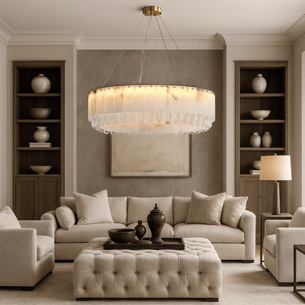 Stuart 31" Modern Marble & Crystal Round Chandelier - briglamps