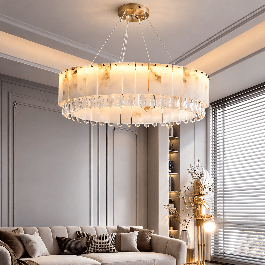 Stuart 31" Modern Marble & Crystal Round Chandelier - briglamps