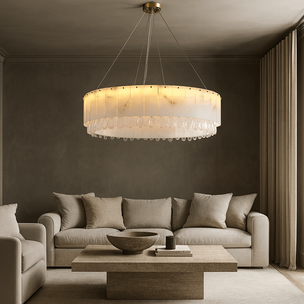Stuart 39" Marble & Crystal Round Chandelier - briglamps