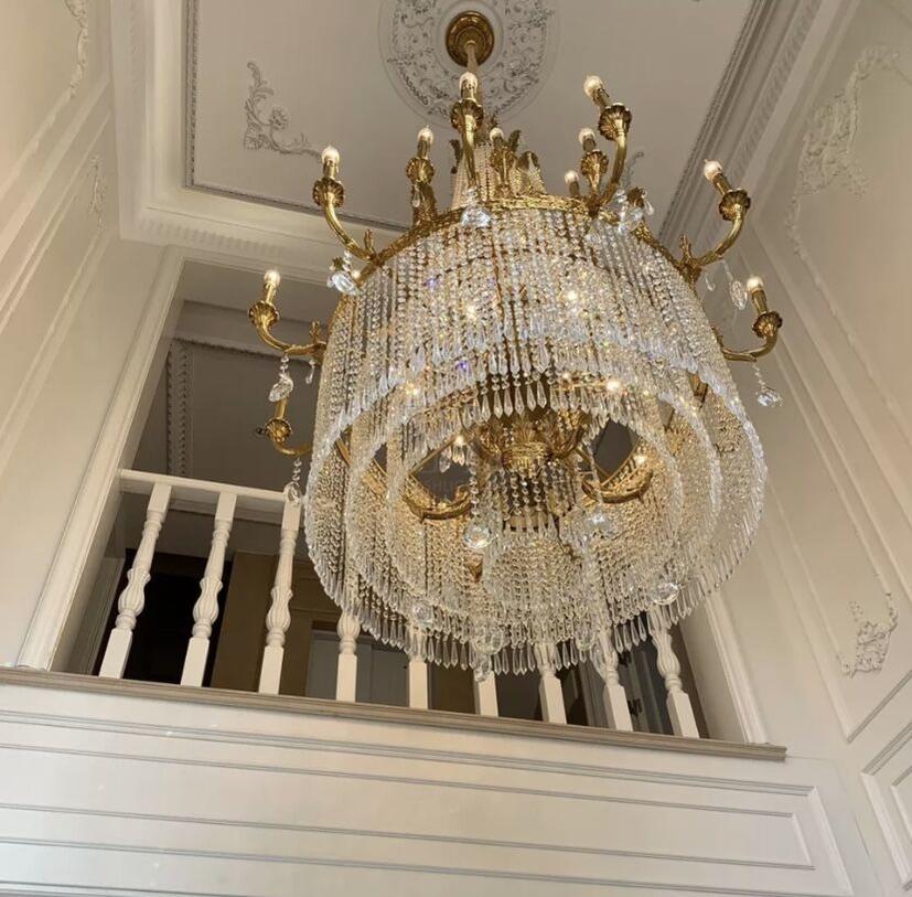 Stunning Oversized Luxury Golden Metal Candle Crystal Tassel Chandelier For High - ceiling Staircase/Entryway/Living/Meeting Room - 1 Layer: D 39.4"*H 39.4"Warm Lightbriglamps